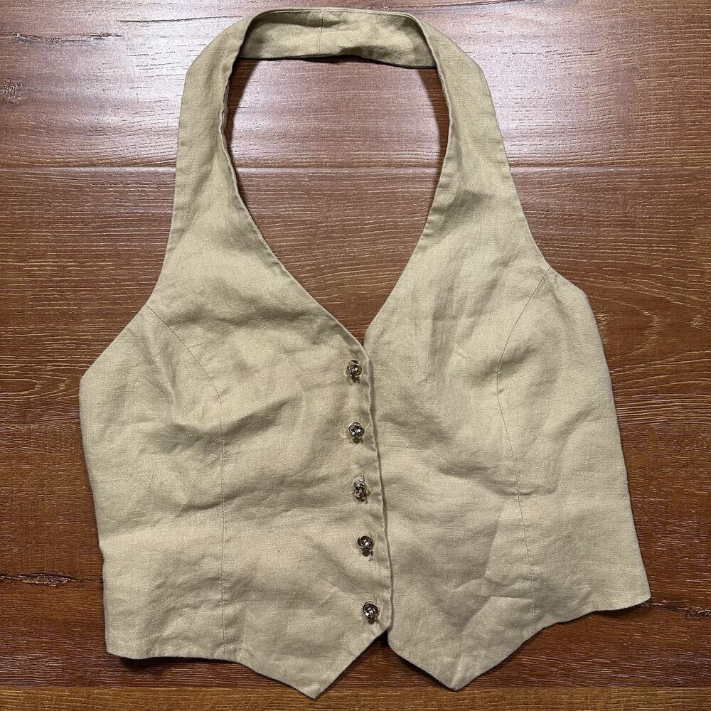 Amanda Uprichard Linen Vest M Beige V Neck Sleeveless City Chic Glam Western
